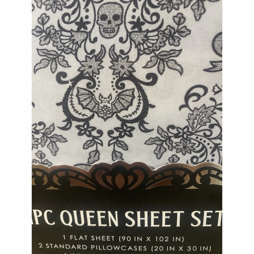 Madame Bones Queen Sheet Set Black Gray Skull Bat Damask Spooky Halloween